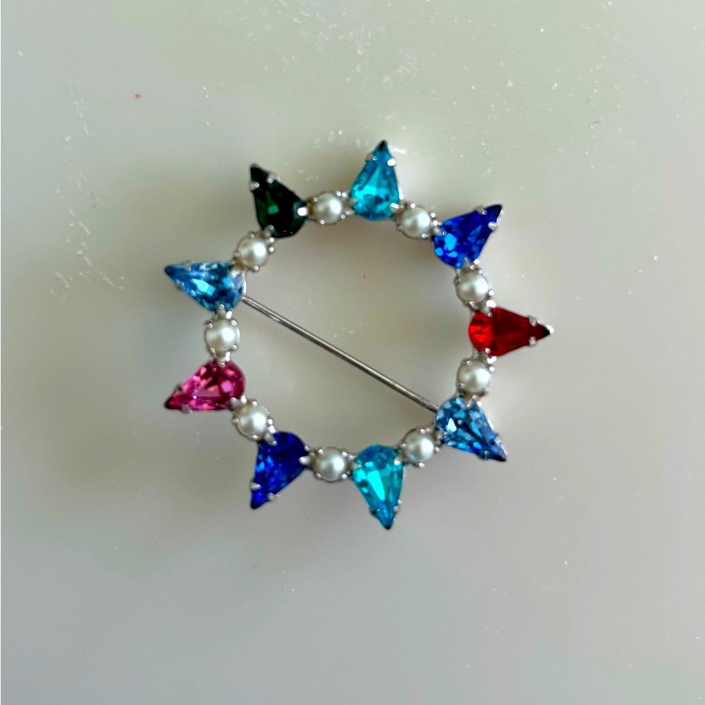 B David Mid Century Blue and Pink Crystal Bow Brooch Pin